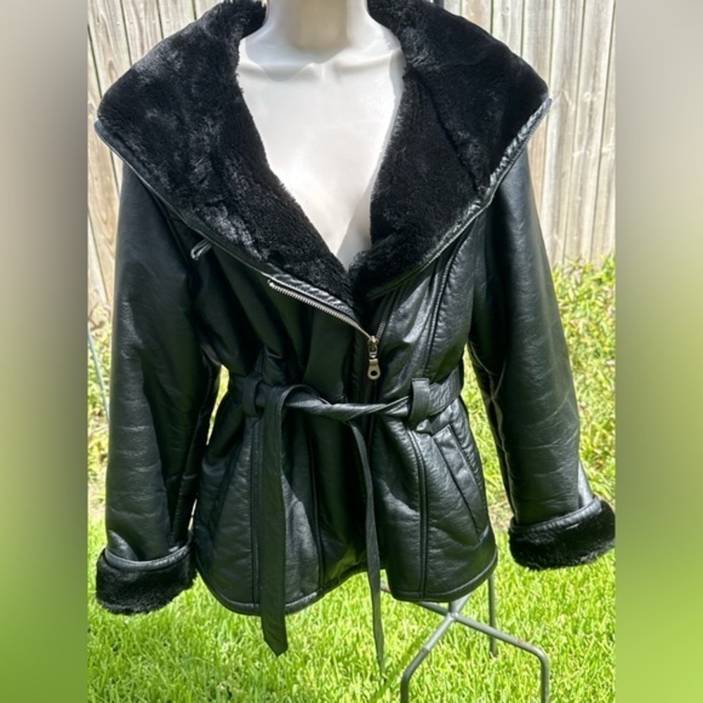Y2K Wilsons Leather Faux Fur Lined Hooded Belted Coat Hollywood Glam Mob Wife - Picture 4 of 15